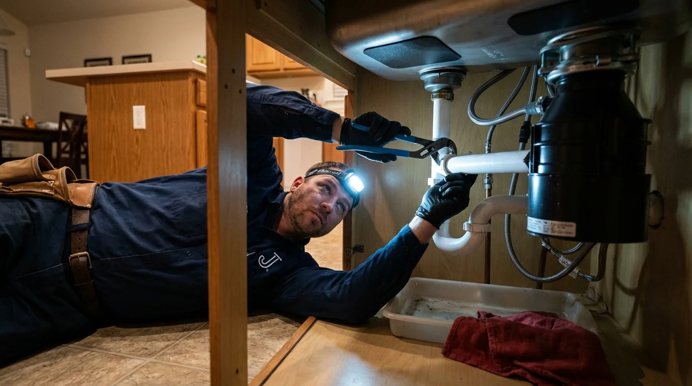 P-trap and supply line connections under a kitchen sink showing a common leak point in Rosepine, LA